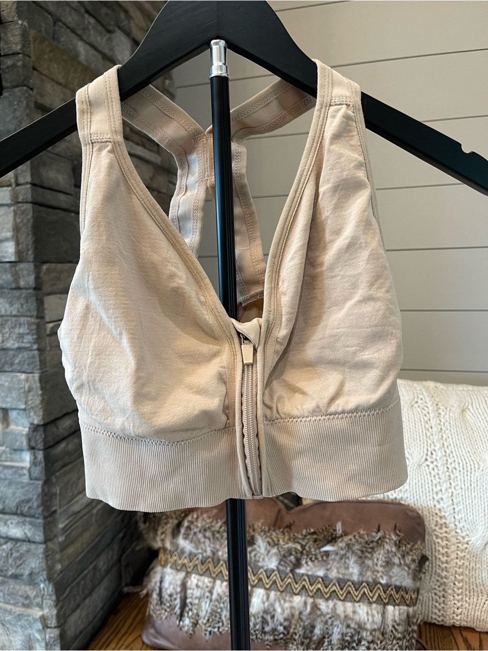 Front Zip Racerback Sports Bra Nude Beige XL